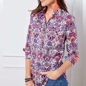 Talbots Med Petite PaisleyFloral Button Down Shirt Lightweight Long Sleeve Pink